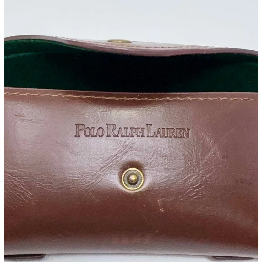Vtg Polo Ralph Lauren Brown Leather Sunglass Eye Glass Case Green Lined Pony